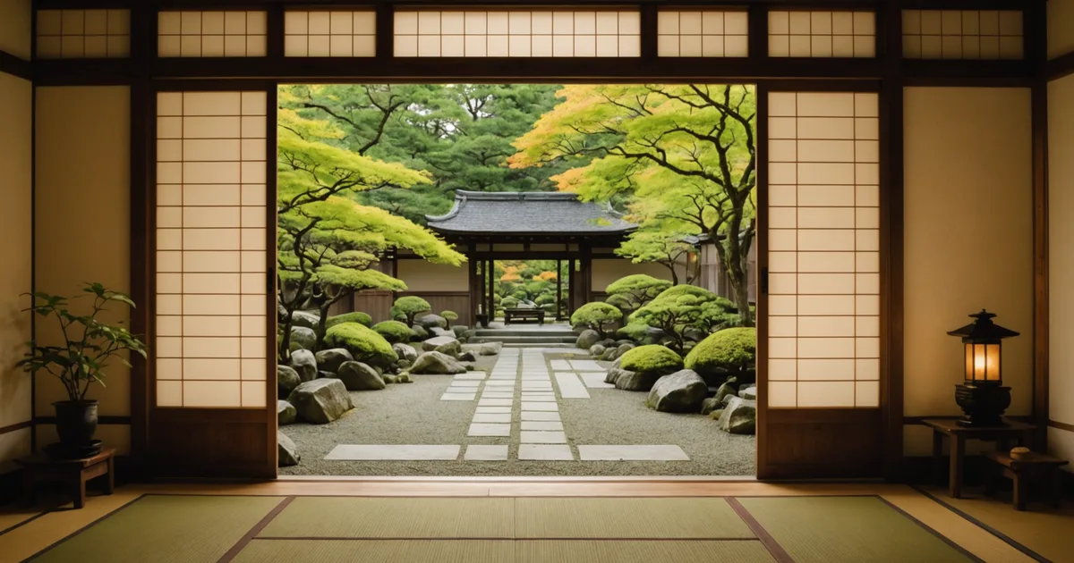 A traditional Kyoto ryokan courtyard garden at dusk