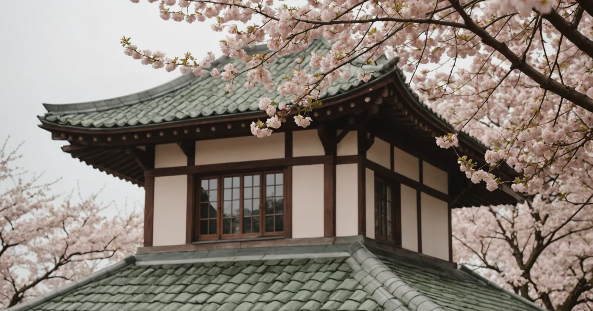 Cherry blossom petals falling in a traditional Japanese garden setting