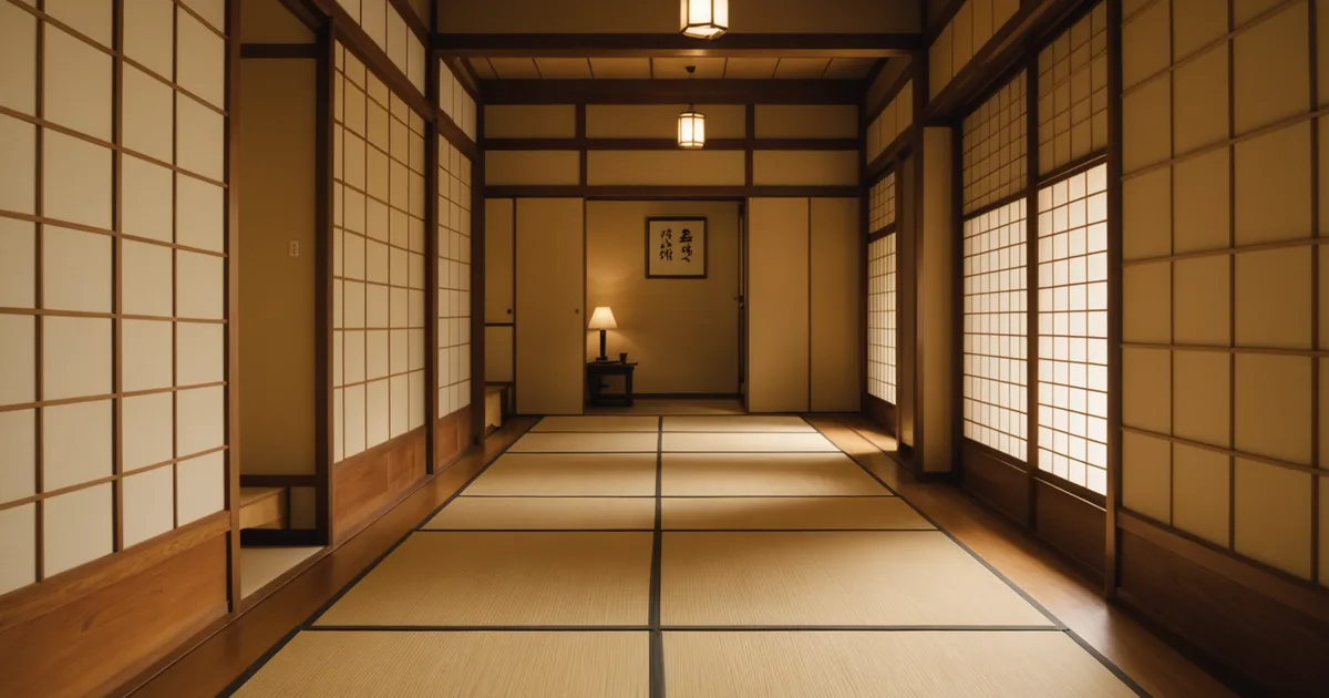 Traditional Japanese inn corridor with soft ambient light