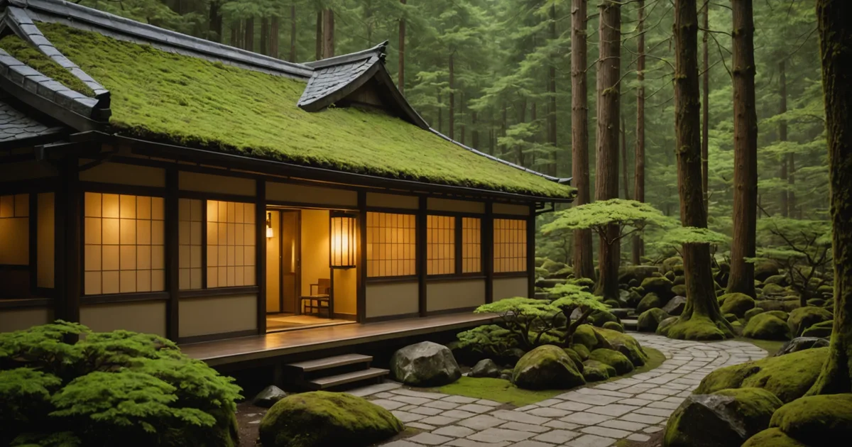 Intimate small ryokan exterior in Japanese mountain setting